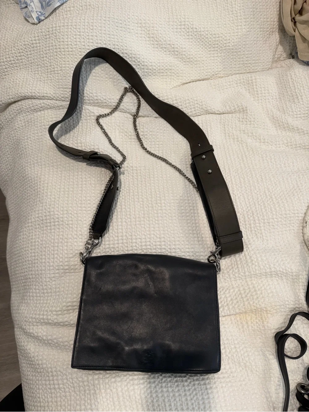 AllSaints Black Leather Flap Crossbody Bag | Wide Adjustable Strap - Picture 1 of 6